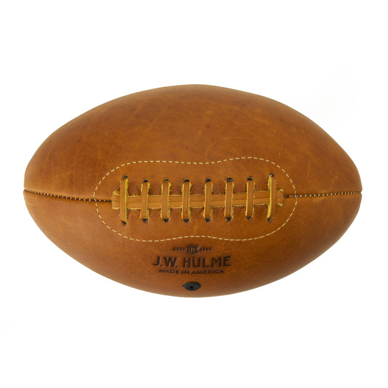 leather football with laces forward on white background